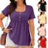 Women's Plus Size Casual Loose Round Neck Short Sleeved Pleated Button Irregular Hem Top