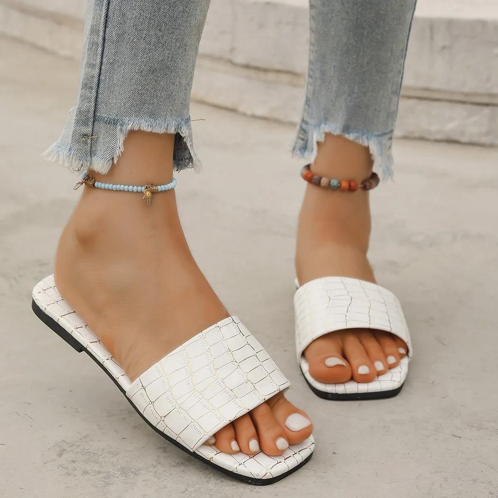 2024 New Slippers Leather Women Sandales Open Toe Flat Casual Slide Summer Outdoor 36-43
