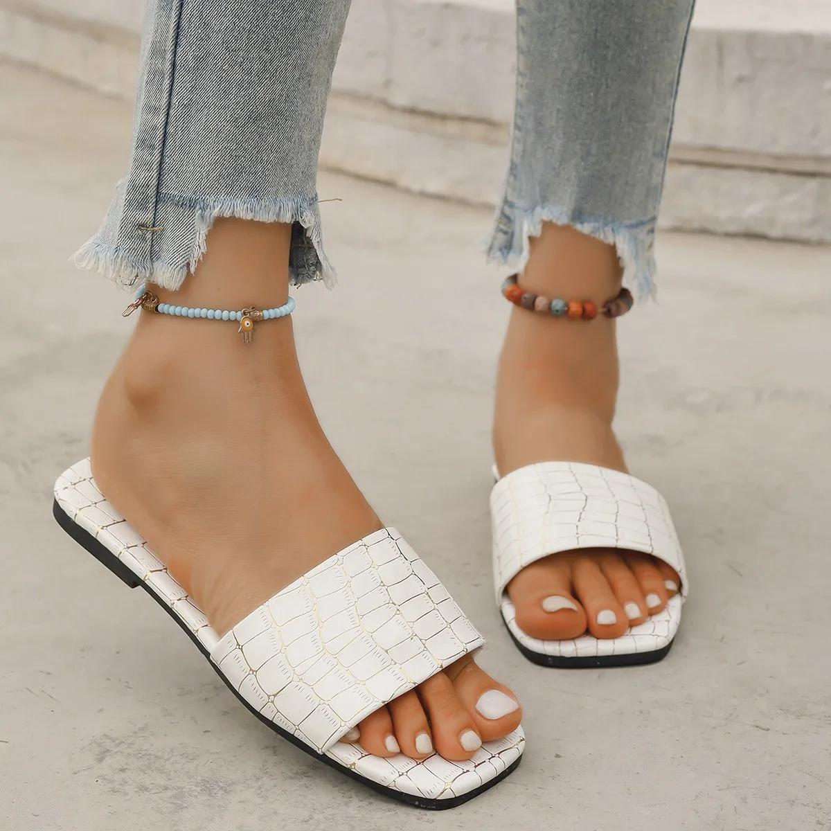 

Fashion 2024 New Slippers Leather Women Sandales Open Toe Flat Casual Slide Summer Outdoor 36-43 43 белый
