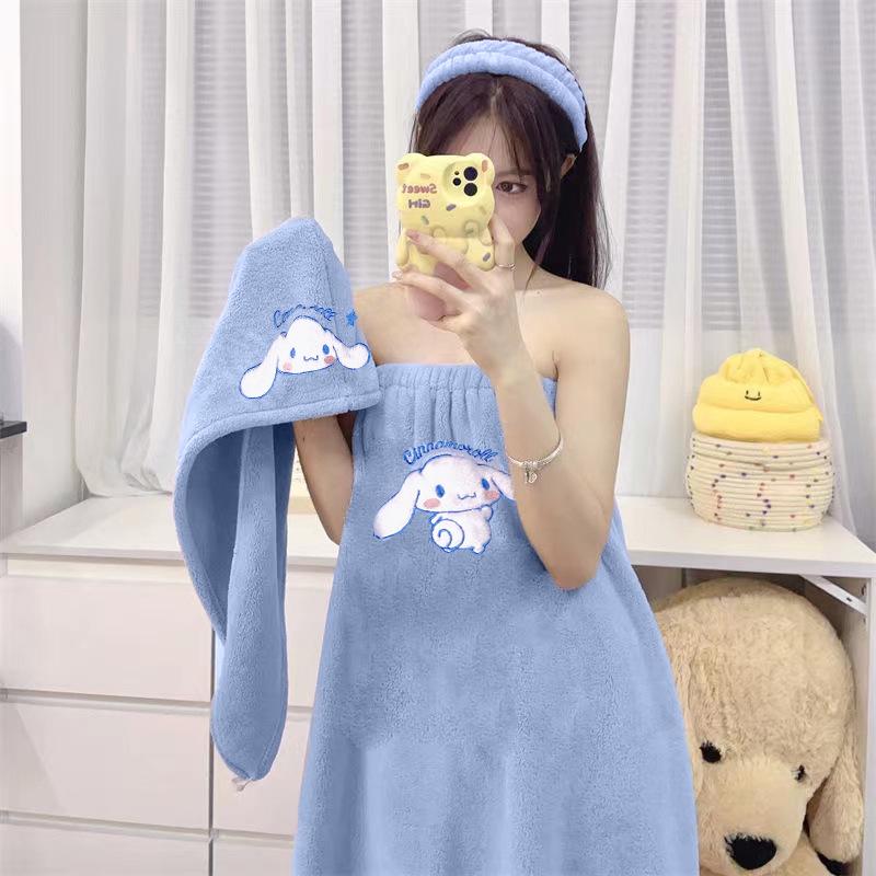 Kuromi Wearable Bathrobe Set: Includes Coral Fleece Bath Towel, Dry Hair Cap, and Hair Band - Soft, Skin-Friendly, Cartoon Design.