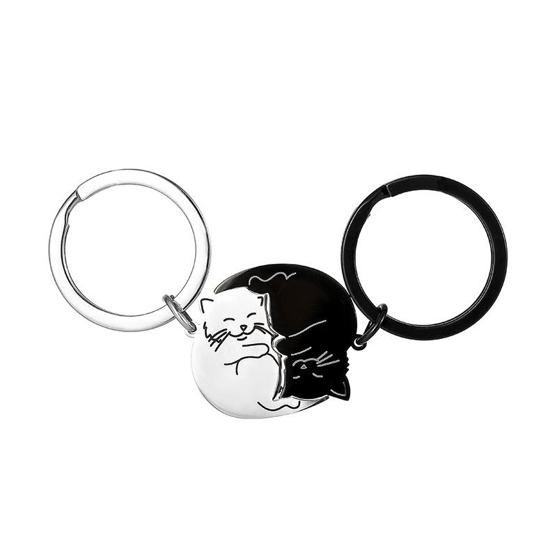 

Creative Black & White Cartoon Cat Keychain - Stainless Steel Japanese Cute Couple Pendant