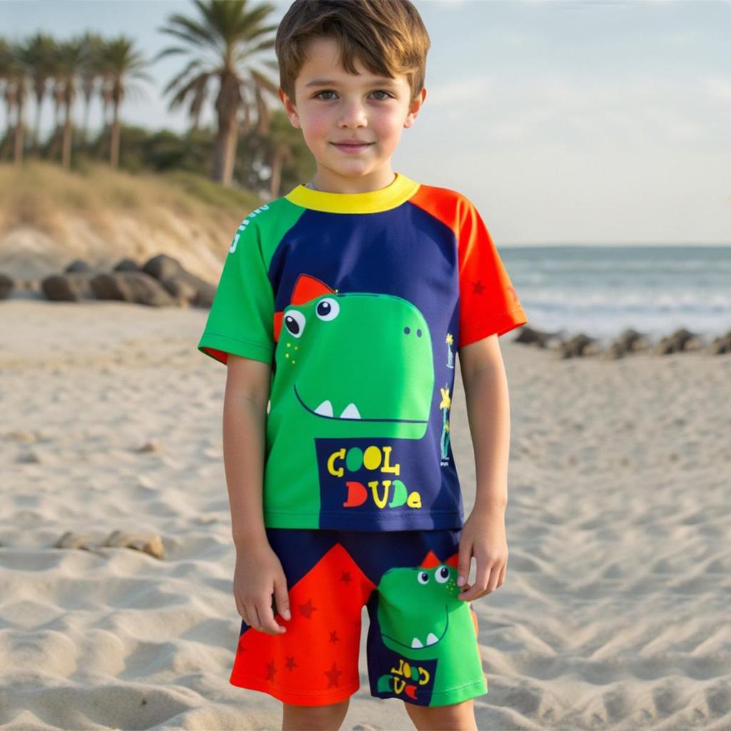 Boys' 2025 Dinosaur Print Swimsuit Set - Short-Sleeve Three-Piece Swimwear