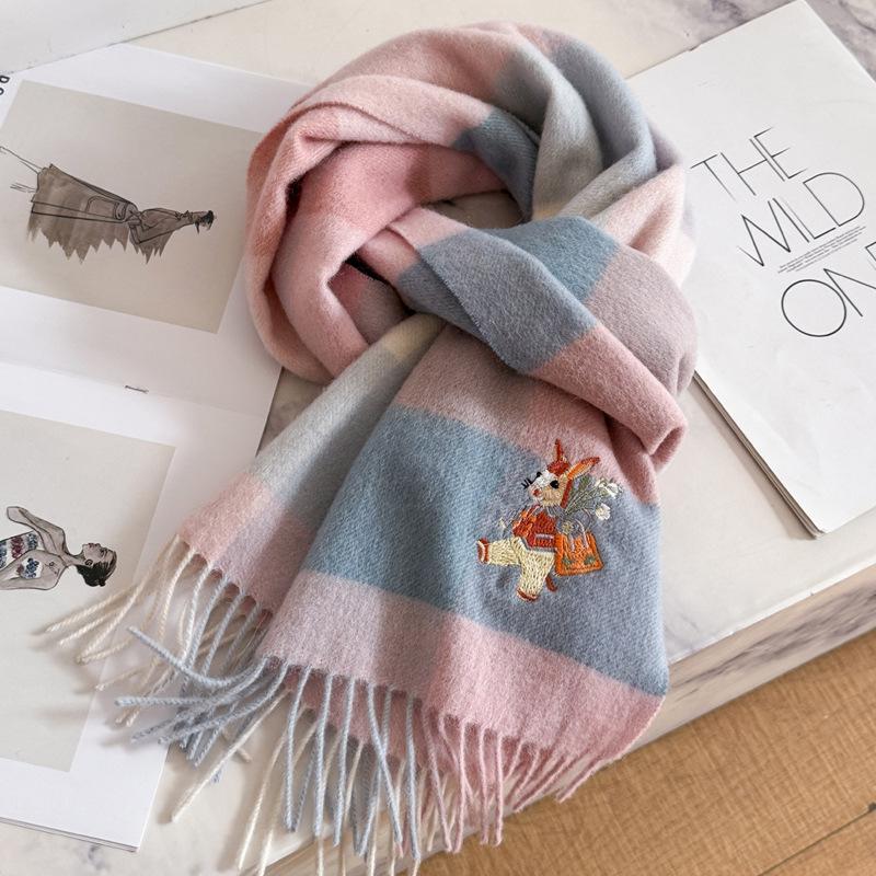 New Year's pony simple three-dimensional embroidery couple's thickened scarf men's and women's pure plaid scarf gifts