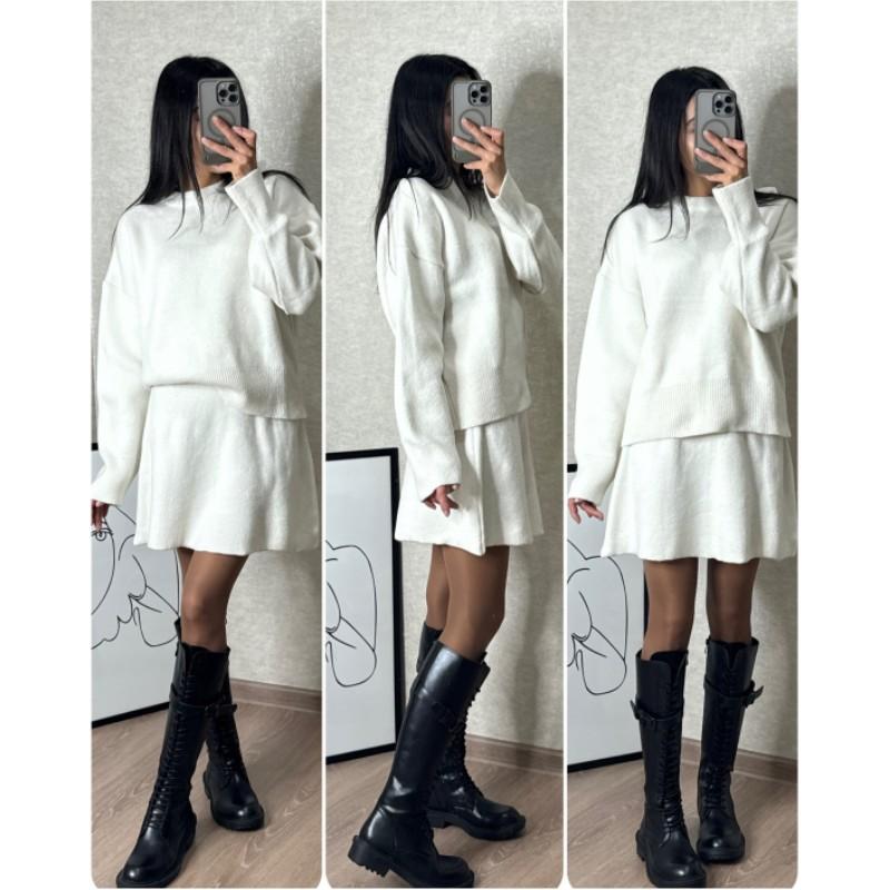 Einfarbiges, lässiges Set im College-Stil für Damen im Frühling und Herbst, gestricktes Langarm-Sweatshirt + kurzer Rock, zweiteiliges Set