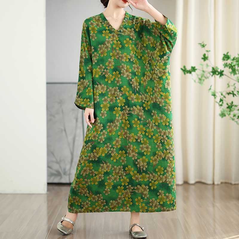 

Отпускной стиль V-образный вырез Ретро Хлопок и лен Длинная юбка One Size