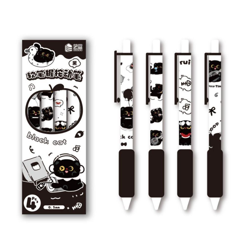 

Black Ink Black Cat Pen Soft Grip ST Nib Pen Cute Gel Pen 4Pcs/box