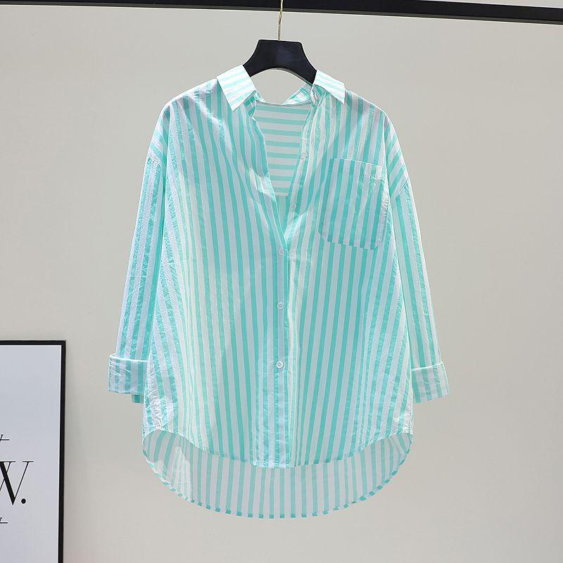 

Green Vertical Striped Cotton and Linen Casual Simple Shirt Green bar One size