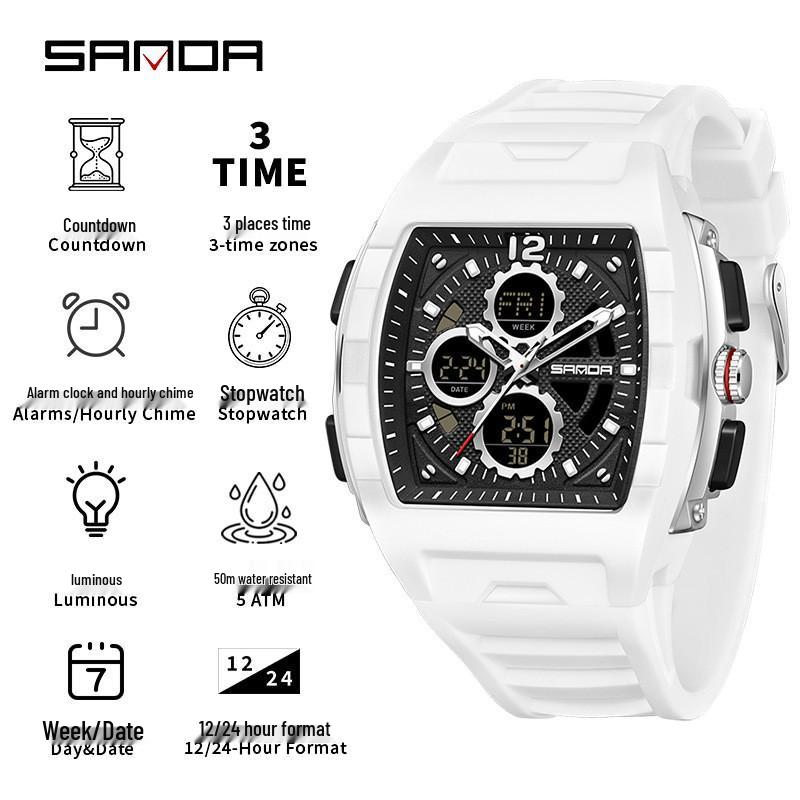 Sanda Men's Sports Barrel-Shaped Luminous Countdown Watch with Triple Time Zone and Dual Display, Waterproof Design.