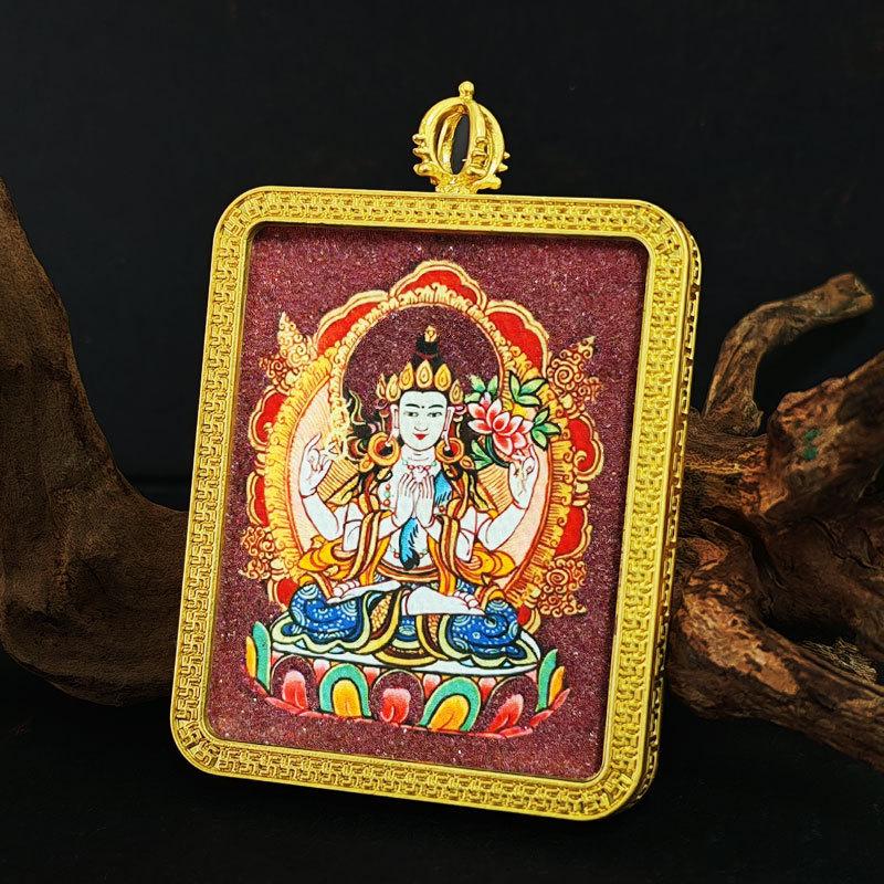 Zodiac Cinnabar Thangka Pendant - Eight Guardian Deities Amulet Box (Samantabhadra & Manjushri)