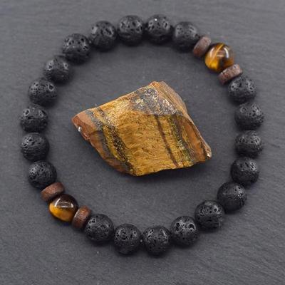 Bracelet en perles d'œil de tigre jaune naturel pour hommes et femmes, bracelet en lave volcanique noire, bracelet en corde élastique tibétain pour couple