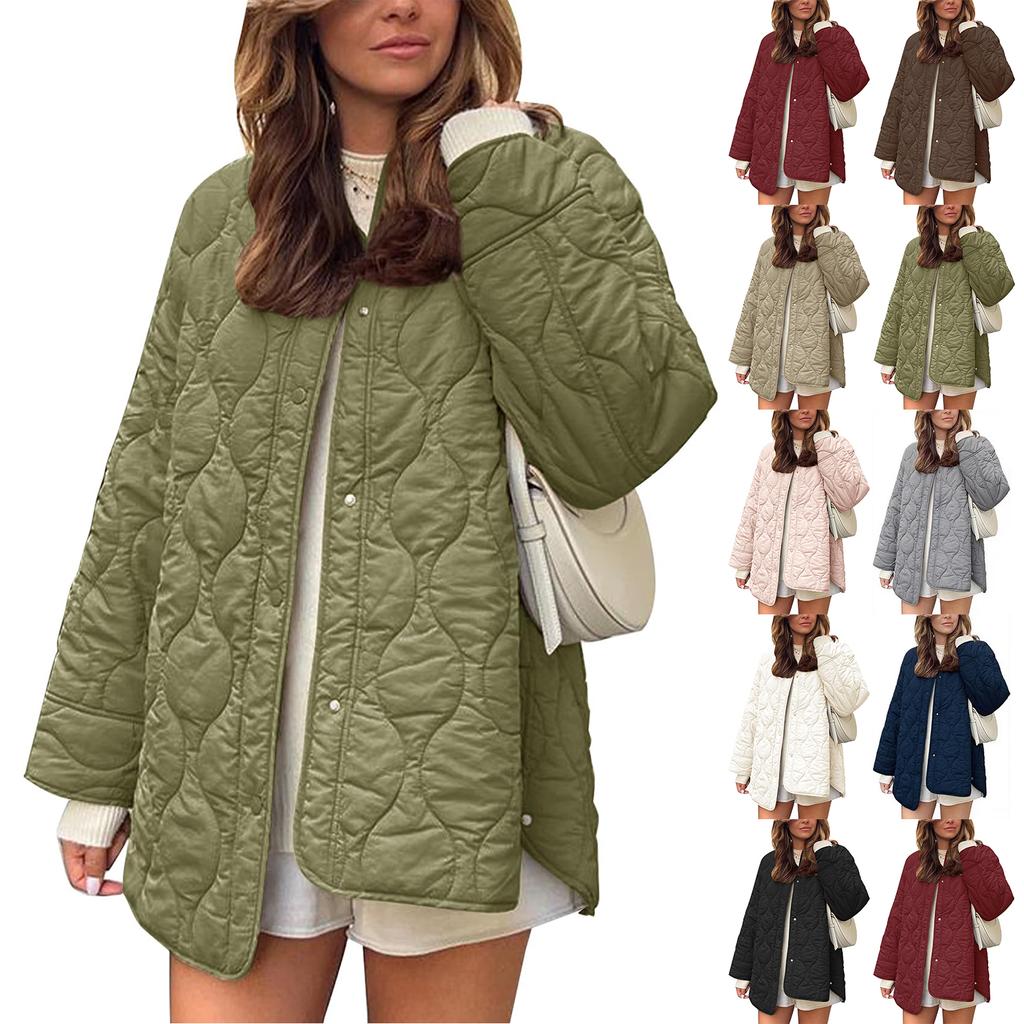 Women's Casual Crewneck Jacket With Pockets, Buttons, Solid Color And Long Sleeves