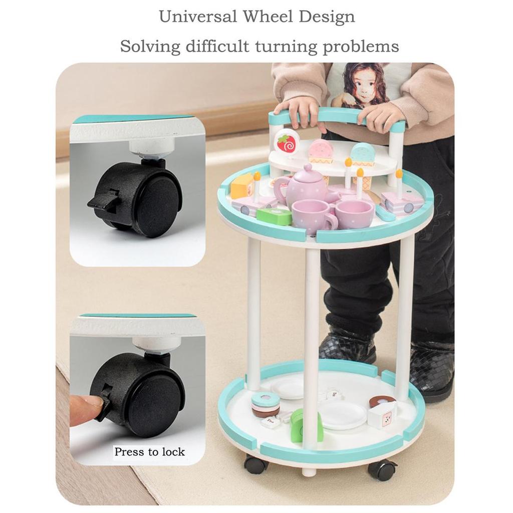 BABIBO Runder Gebäckwagen aus Holz/Teeservice für Kinderspielhaus/Snacks/Doppeltablett-Servierwagen-Spielzeug