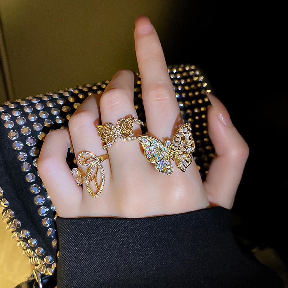 

Shiny For Women Geometric Hollow Crystal Jewelry Rhinestone Butterfly Finger Rings Open Rings
