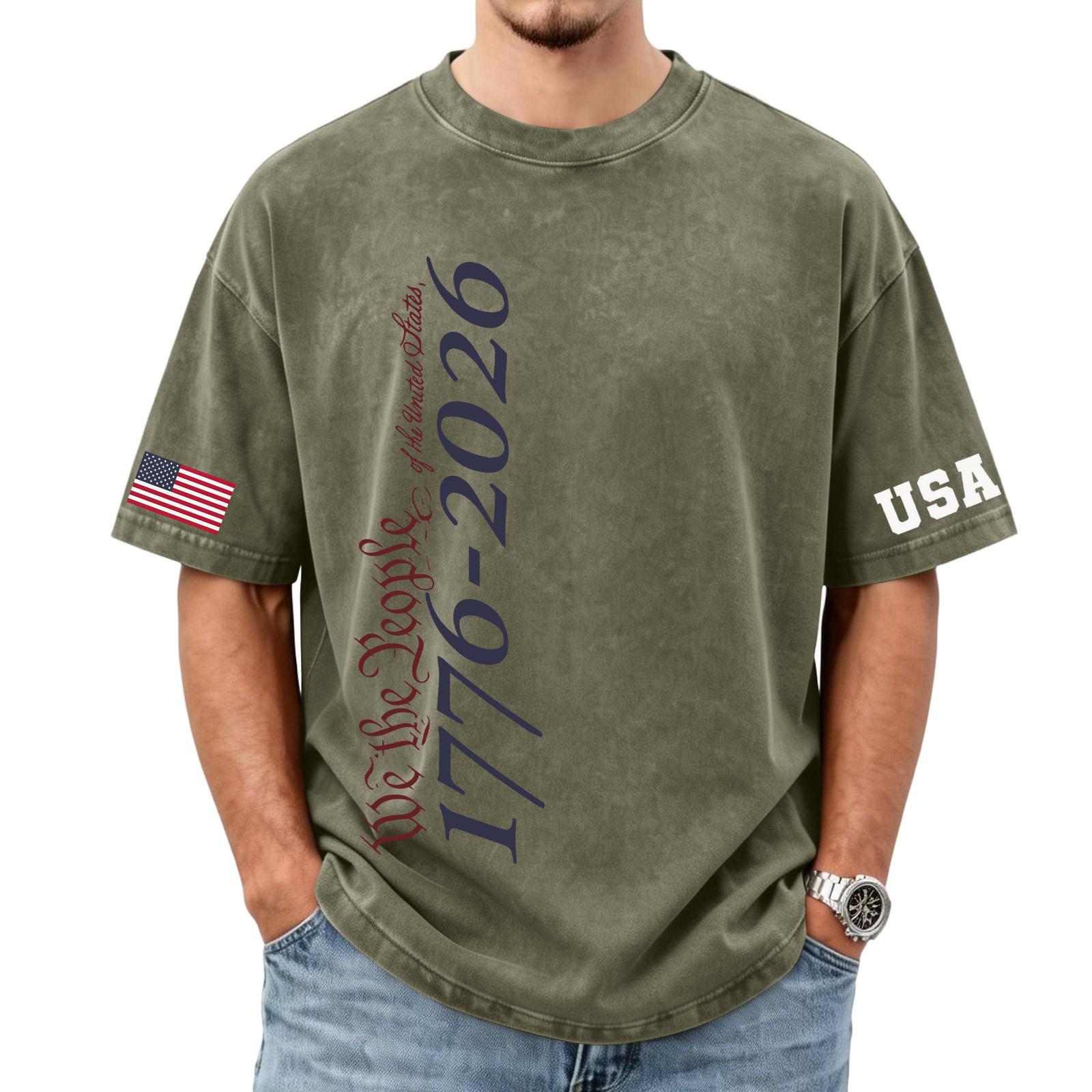 

Short Sleeve Crew Neck T Shirt with 1776 2026 We the Print USA Flag Patch Casual Loose Fit Cotton Top L армия зеленый