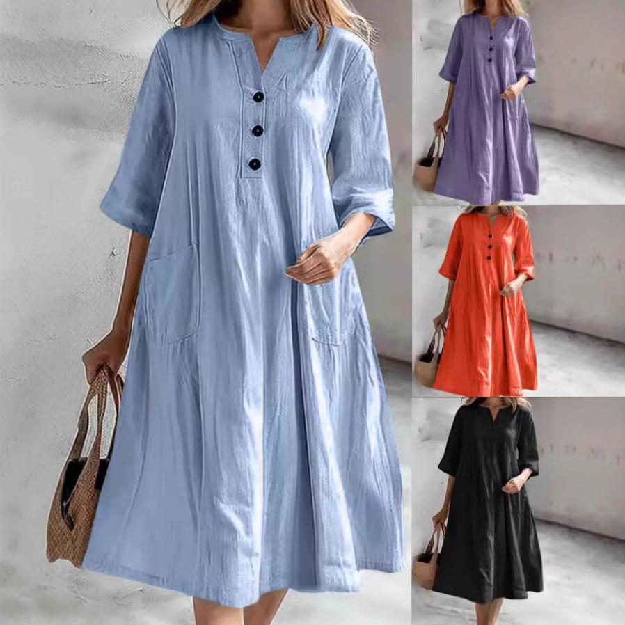 

Women Summer Maxi Dress Button V-Neck Half Sleeve Long Dress With Pockets 3XL помаранчевий
