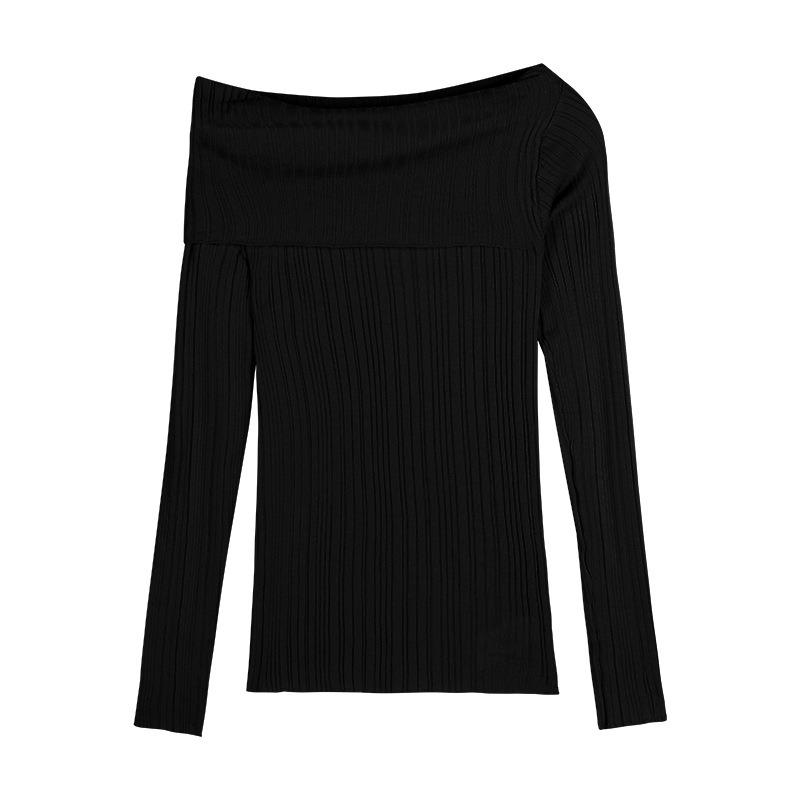 Autumn Winter One Word Collar Slit Irregular Sweater Women Long Sleeve Off the Shoulder Knitting Bottomed Top