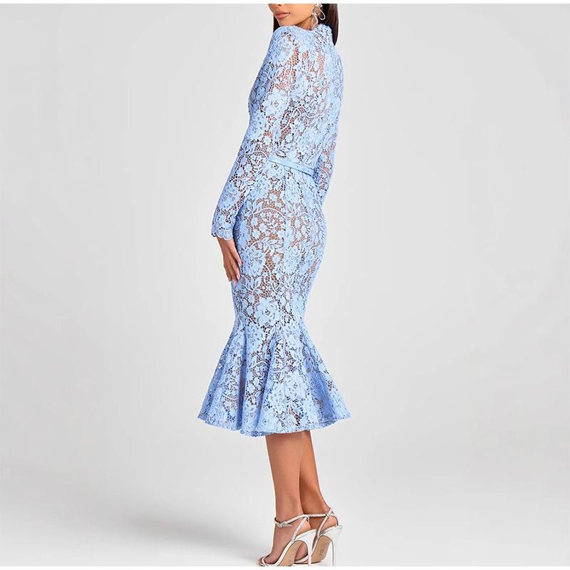 Ladies' Perspective Lace Hollow Belt Long Sleeve Fishtail Dress Solid Color Lace Decorative Elegance Ladies' Long Sleeve Dress Spring Autumn New Style