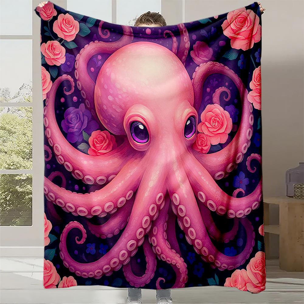 

1pc Pink Octopus & Purple Roses Plush Fleece Blanket - Cute Anime-Inspired Tentacle & Bedspread, Soft Quilted All-Season Cozy 130x150cm