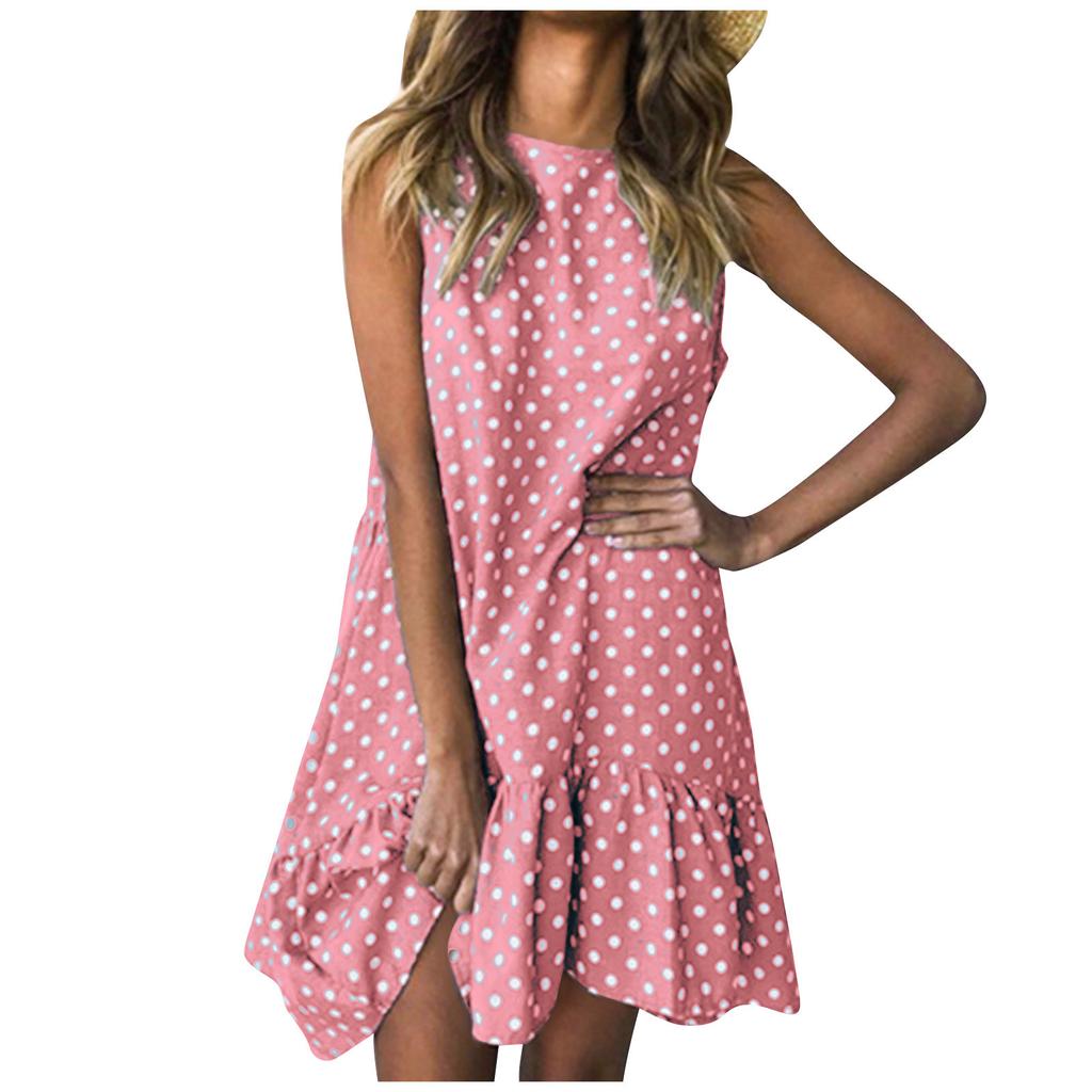 Fashion Women Sleeveless Polka Dot Loose Casual Ruffle Dress