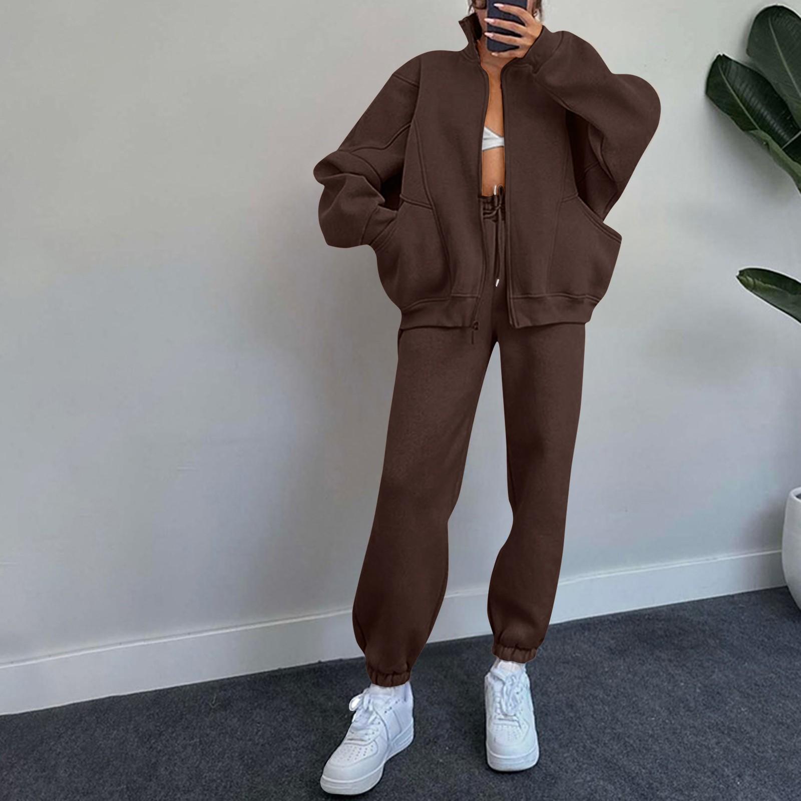 Women s Fashion Color Stand Up Collar Long Sleeved Pocket Zipper Sweatshirt Drawstring Sweatpants Casual Suit XL кофейный