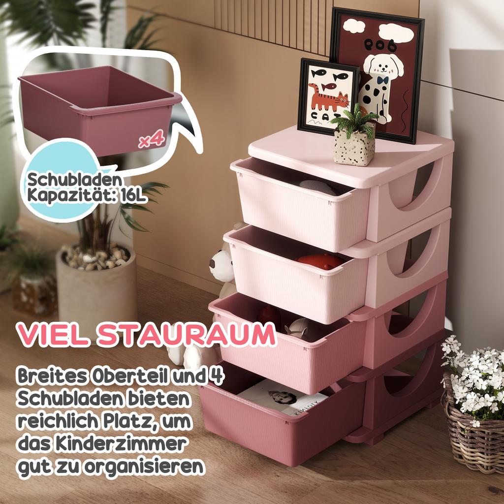 Four-Tier Kids Storage Boxes, with Four Drawers, Pink