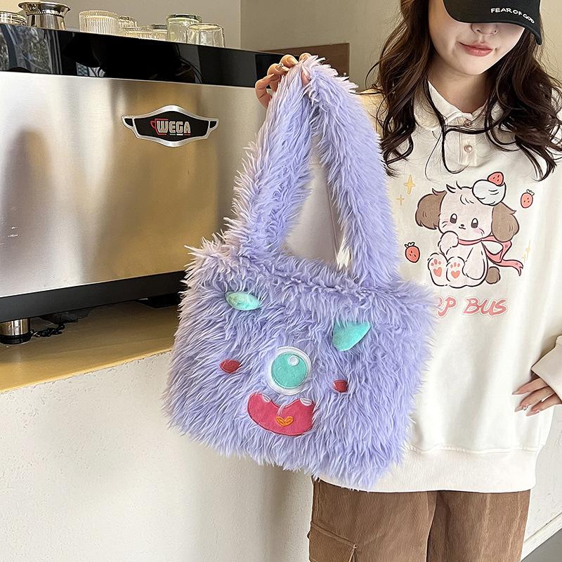 New Cute Little Monster Plush Bag Girl Heart Shoulder Handbag Large Capacity Cartoon Student Bag Messenger Bag