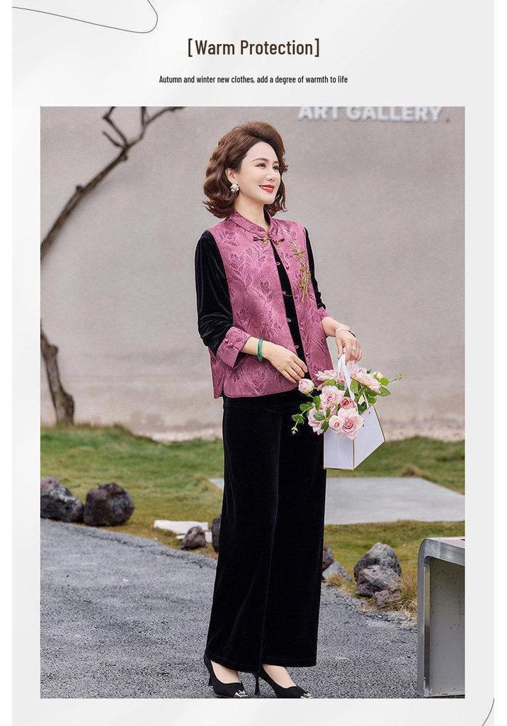 Women's New Embroidered Chinese-Style Velvet Vest with Frog Button - Two-Piece Spring Set