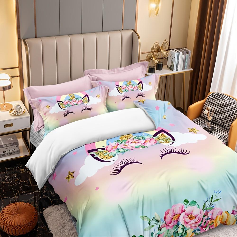 Set cuvertură de pilota cu unicorn Y2K 3 buc, lenjerie de pat cu flori acuarele unicorn (1 bucă * Husă de pilota + 2 buc * Fete de pernă, fără miez de pernă)