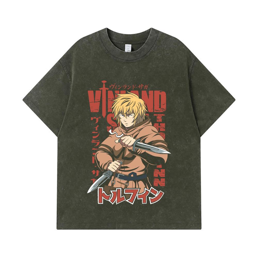

275 GSM Washed T-shirts 100% Cotton Vinland Saga V1 Thorfinn Print Unisex Heavy Cotton T Shirt S армия зеленый