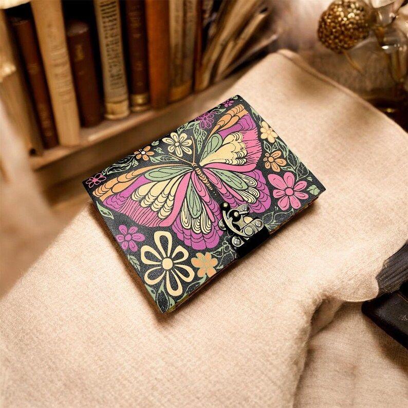 Handmade Butterfly Leather Journal – Vintage Floral Diary with Lock