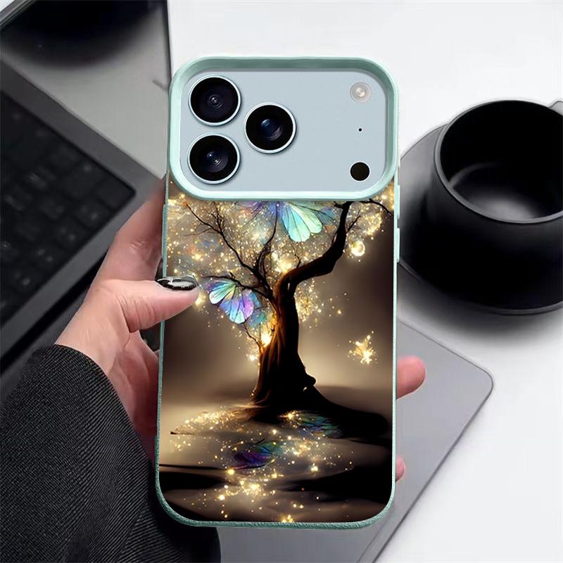 Shining Fantasy Tree Butterfly Pattern Case For iPhone 17 Pro Max iPhone 16 Pro Max 15 14 13 12 11 16E Air Luxury Leather Texture Silicone Cover