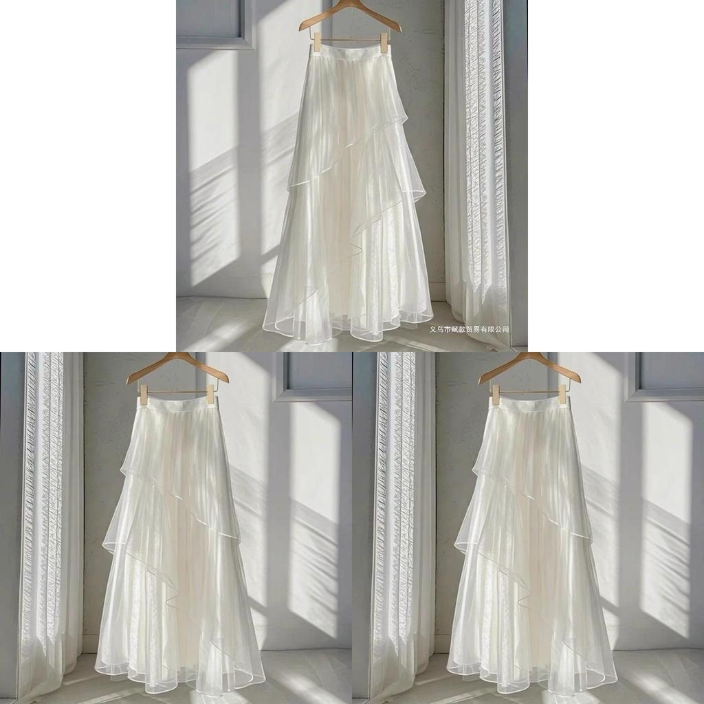 French Style White Mesh Midi Skirt With Abstract Pattern For Elegant Spring Wear