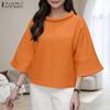 ZANZEA Dame Casual Rund Hals Løs 3/4 Erme Ensfarget Bluse