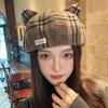 Classic Plaid Wool Beret with Cute Cat Ears - Artistic Painter Style for Autumn/Winter