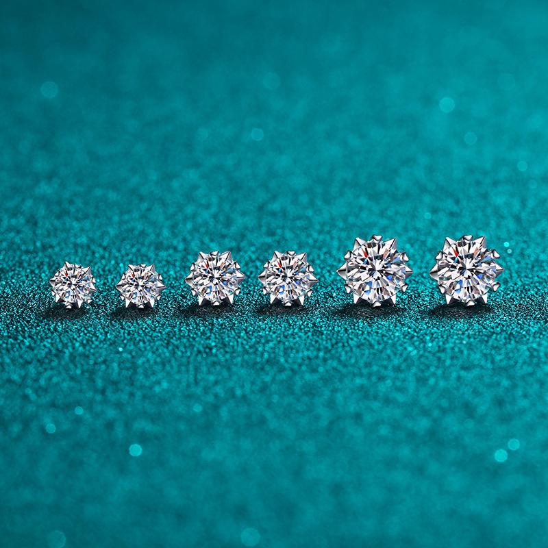 KNOBSPIN Moissanite Stud Earrings 1CT 2CT White Gold Plated Silver D VVS1 Lab Diamond Snowflake Ear Studs For Women