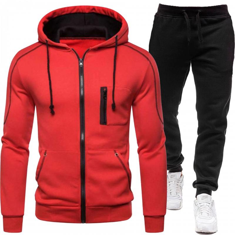 Mens Hooded Sweatshirt Set Casual Two-Piece Outfit Loose Fit Fleece-Lined Winter Sportswear