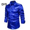 Men Shirt Club Dance Shirt Shiny Sequin Lapel Single Breasted Slim Fit Colorful Stripe Glossy Long Sleeve Performance Men Top