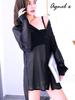 Agnel X Sexy Long with Inner Stylish and Cute for X068 Size Women's See-Through Shirt, Loungewear, Sleeves, Layer, Adults, (Black, S)