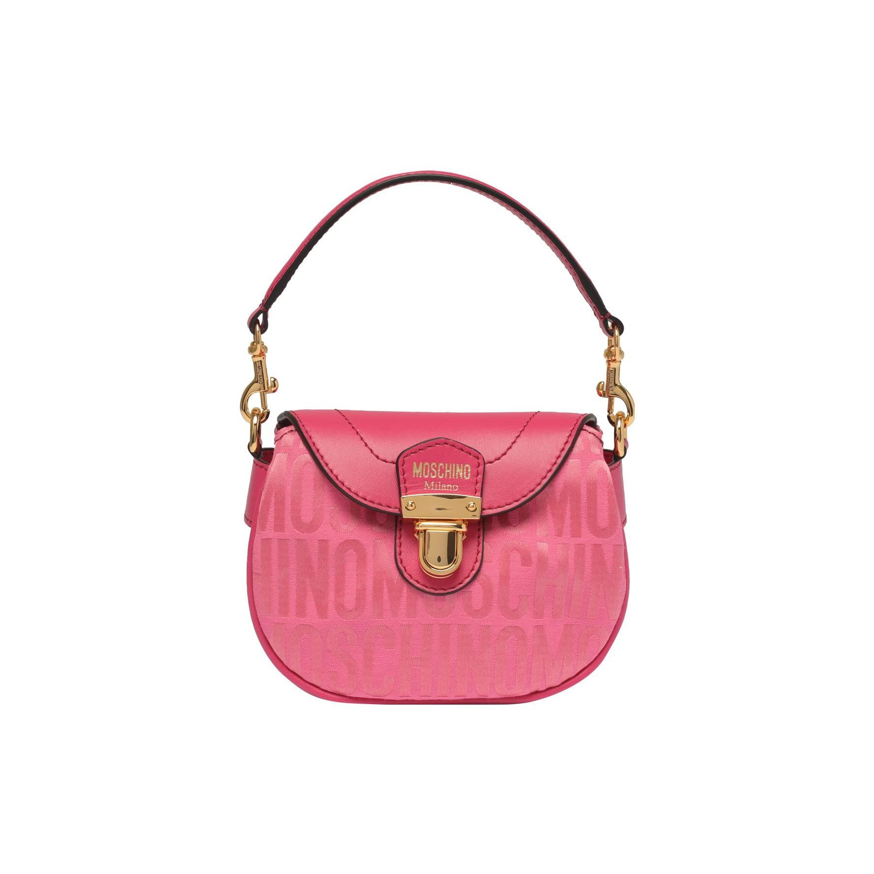 

Moschino Letter Logo Print Push Lock Closure Calfskin Fabric Shoulder Crossbody Tote Bag Women handbags Pink 740682681207 Basic Set (Bag+Dust Bag)