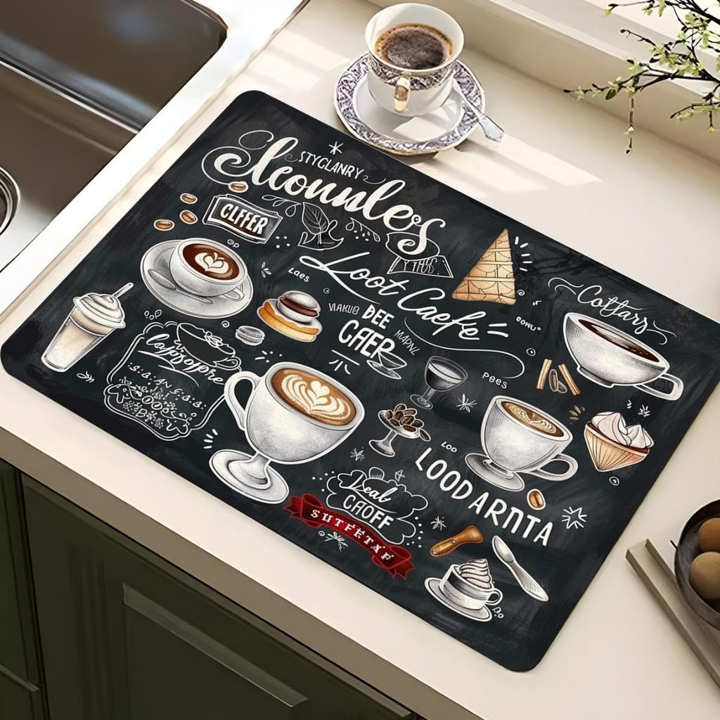 Vintage Espresso Bar Printed Absorbent Drain Mat Super Antiskid Quick Dry Modern Kitchen Counter Coffee Dish Drying Pad