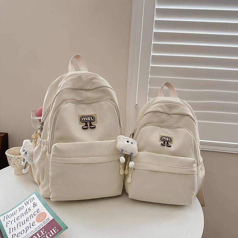 Solid Color Letter Decoration Student Backpack With Plush Pendant For School Use