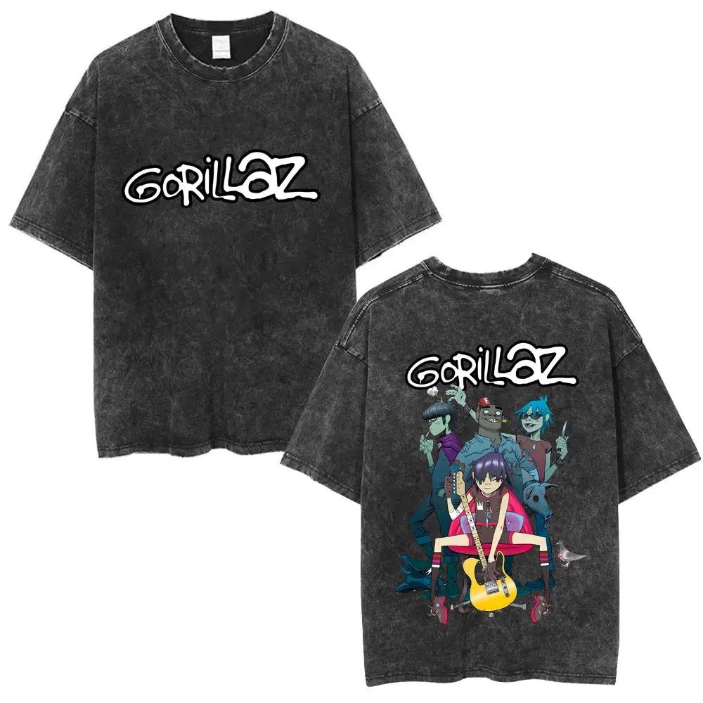 British Classic Virtual Band Gorillaz Poster Tshirt Men Women Streetwear Hip Hop Vintage Washed Cotton Top Oversized Summer Tee