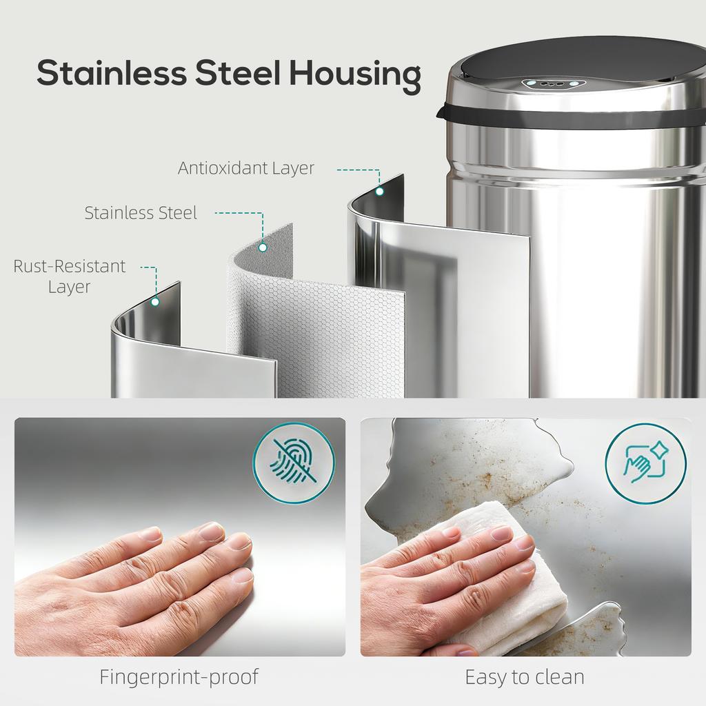 42L Automatic Motion Sensor Rubbish Bin with Fingerprint Resistant, Stainless Steel, Silver Tone