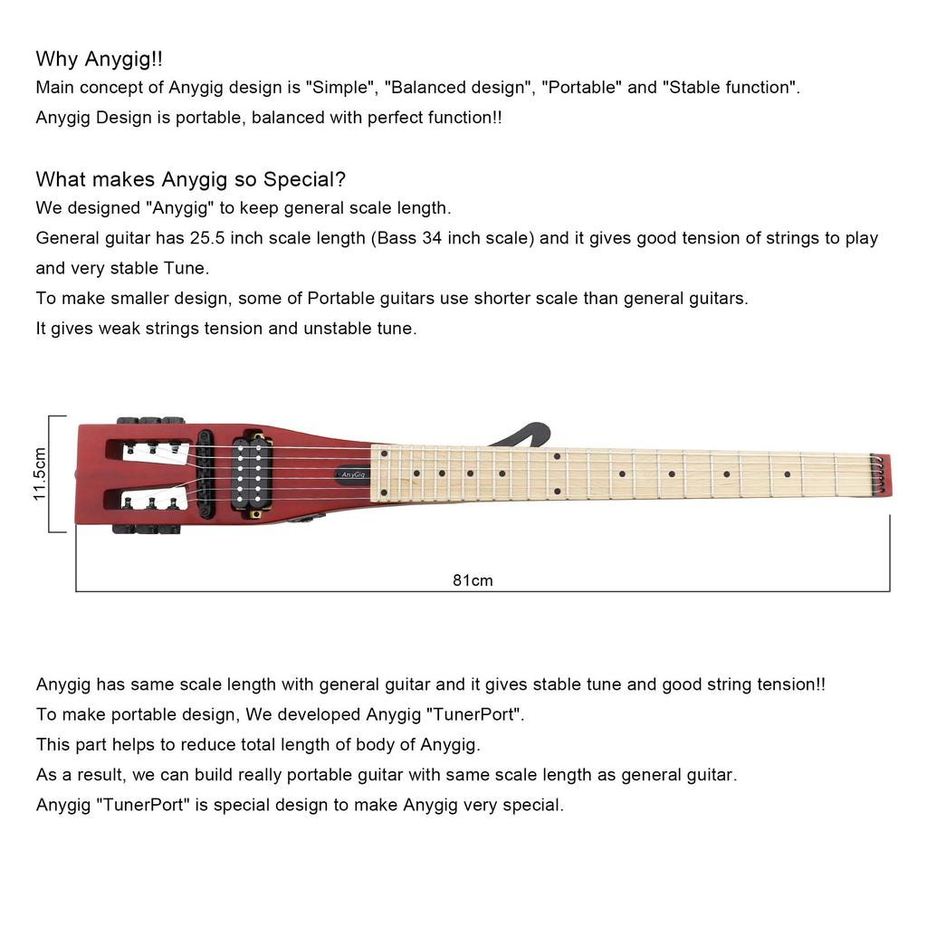 Anygig Portable Travel Electric Guitar, 82cm, 1.6kg, Brown, Sapele 25.5 Full-Scale, Right-Handed, with Gig Bag