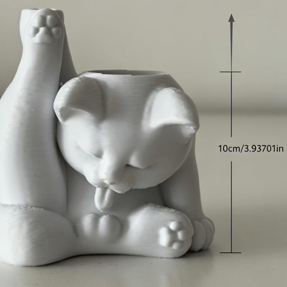 Funny Makeup Brush Holder 3D Printed Desk Storage Box Licking Paw Cat Statue Stationery Storage