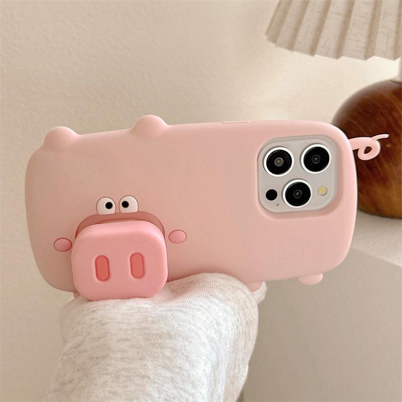 Funny Cute Pink Pig Folding Holder Stand Case For iPhone 16 Pro Max 15 13 14 Soft Silicone Cartoon Phone Back Cover