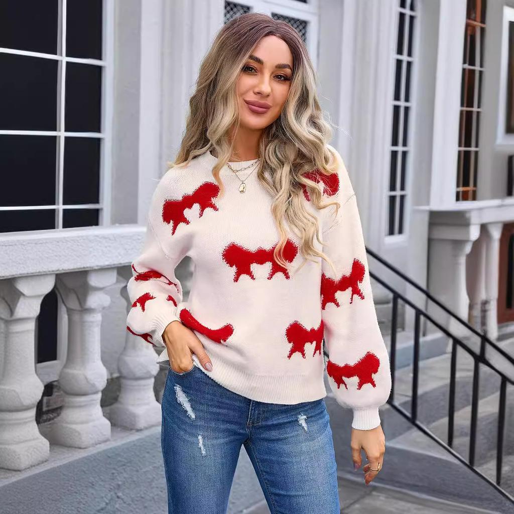 European and American Style Loose Pullover Sweater Women's Autumn and Winter New Towel Embroidered Jacquard Knitted Sweater