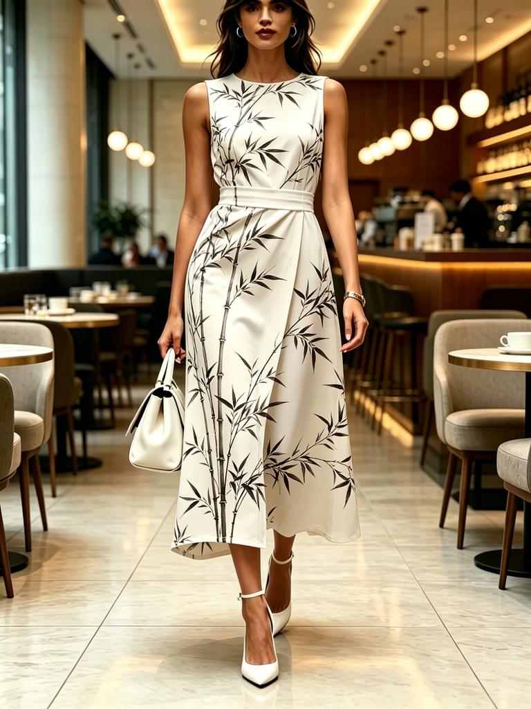 Round Neck Sleeveless Midi Dress Bamboo Print Off White Color Womens Modern Elegant Casual Fashion Spring Summer Autumn Womens Clothing