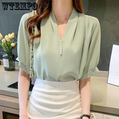 Women's Short-sleeved Chiffon Shirt V-neck Summer Thin Shirt Fashion Top Design Slim Shirts
