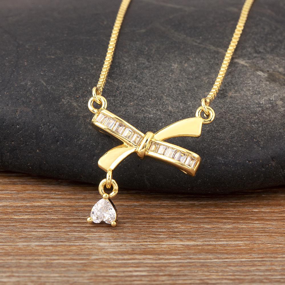 Nidin Korea Popular Bowknot Shape Shine Zircon Fine Pendant Necklace 7 Styles For Female Fashion Cute Chain Choker Jewelry Gifts